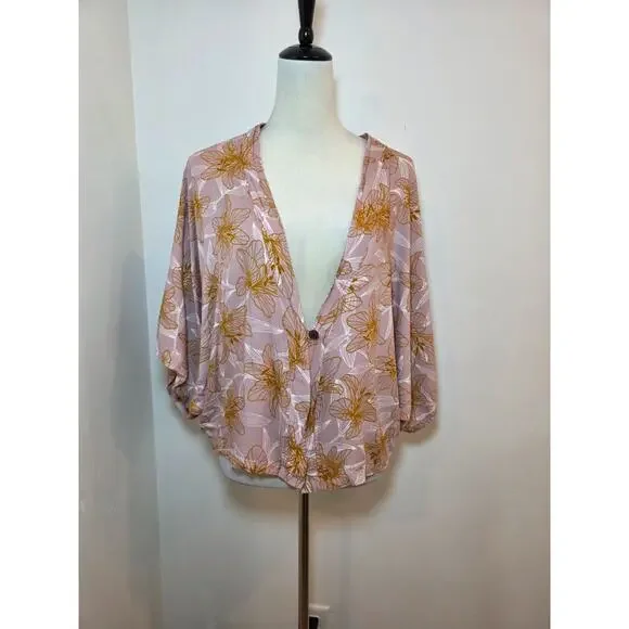 Vintage Hawaii Floral Kimono Top Size L/XL Pink Tropical Cover Up Boho Flowy - Picture 3 of 8